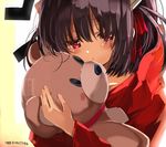  anchor_(clockwork_planet) bangs black_hair blush clockwork_planet commentary_request doll_hug hair_ribbon hood hood_down hoodie looking_at_viewer parted_lips red_eyes red_ribbon ribbon shino_(eefy) solo stuffed_animal stuffed_toy teddy_bear triangle_mouth upper_body 