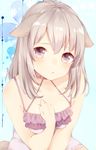  :t animal_ears bangs blush closed_mouth collar collarbone commentary_request dog_ears dog_girl dog_tail grey_eyes hand_on_own_chest highres long_hair looking_at_viewer manatsuki_manata original pursed_lips silver_hair sitting solo tail tareme 