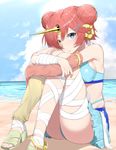  :t ass bad_id bad_pixiv_id bandages bare_shoulders beach blue_eyes breasts day fate/apocrypha fate/grand_order fate_(series) frankenstein's_monster_(fate) frankenstein's_monster_(swimsuit_saber)_(fate) hair_ornament hairclip heterochromia highres horn leg_hug medium_breasts ocean sand sandals sideboob solo suzuharu_toufu toes yellow_eyes 