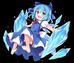  baku-p barefoot black_background blue_dress blue_eyes blue_hair blue_wings bow cirno dress feet ice ice_crystal ice_wings open_mouth outstretched_arms ribbon short_hair simple_background smile soles solo toes touhou wings 