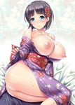  ass bangs bare_shoulders black_hair blue_eyes blunt_bangs blush breasts breasts_outside floral_print flower hair_flower hair_ornament japanese_clothes kawase_seiki kimono kirigaya_suguha large_breasts long_sleeves looking_at_viewer nipples no_bra no_panties obi purple_kimono red_flower sash short_hair sitting solo sweat sword_art_online yukata 