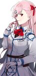  asymmetrical_bangs bangs biting blush bow closed_mouth commentary_request dress eyebrows_visible_through_hair girls_frontline glove_biting gloves hair_bow hair_ornament hair_ribbon hexagram long_hair long_sleeves looking_at_viewer military military_uniform negev_(girls_frontline) one_side_up pinch_(nesume) pink_hair red_bow red_ribbon ribbon simple_background smile solo star_of_david tsurime uniform white_background white_dress white_gloves 