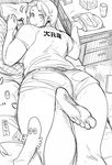  1girl ass barefoot bed bedroom breasts cellphone chips curvy feet food food_on_face from_behind greyscale highres hunter_rank_e kune-kune large_breasts looking_at_viewer lying monochrome on_stomach original phone potato_chips shirt short_hair short_shorts shorts smartphone soles solo t-shirt thick_thighs thighs 