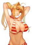  adjusting_hair ahoge armpits arms_behind_head arms_up bikini blonde_hair breasts colk criss-cross_halter earrings fate/grand_order fate_(series) green_eyes hair_intakes halterneck highres jewelry large_breasts long_hair looking_at_viewer navel nero_claudius_(fate)_(all) nero_claudius_(swimsuit_caster)_(fate) parted_lips side-tie_bikini smile solo striped striped_bikini swimsuit twintails 