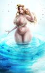  1girl areolae blade_&amp;_soul blonde_hair blue_eyes breasts curvy elf female flash hairy high_elf huge_breasts huge_nipples large_areolae long_hair looking_at_viewer navel nude open_mouth plump pointy_ears pubic_hair smile solo thick_thighs water wet wide_hips 