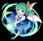  baku-p black_background blue_dress breasts daiyousei dress energy_ball fairy_wings green_eyes green_hair magic medium_breasts open_mouth outstretched_arms ribbon shirt shoes short_hair side_ponytail simple_background solo touhou white_shirt wind wind_lift wings 
