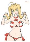  :d ahoge bangs bikini blonde_hair blush bow bracelet breasts character_name cleavage collarbone commentary_request criss-cross_halter earrings fate/extra fate/grand_order fate_(series) green_eyes hair_intakes halterneck hands_up haoni hips holding holding_hair jewelry large_breasts long_hair looking_at_viewer navel nero_claudius_(fate)_(all) nero_claudius_(swimsuit_caster)_(fate) open_mouth red_bikini red_bow side-tie_bottom simple_background smile striped striped_bikini swimsuit teeth twintails v-shaped_eyebrows white_background 
