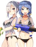  alternate_hairstyle ass_visible_through_thighs bikini black_bikini blue_eyes blue_hair blush breasts closed_mouth collarbone double_bun hair_ornament hair_over_one_eye hairclip hamakaze_(kantai_collection) kantai_collection long_hair looking_at_viewer medium_breasts multiple_girls navel open_mouth plan_(planhaplalan) see-through shirt short_hair side-tie_bikini silver_hair simple_background skindentation smile standing swimsuit tied_hair twintails upper_body urakaze_(kantai_collection) water_gun wet wet_clothes wet_shirt wet_t-shirt white_background 