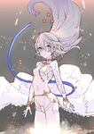  bangs blue_eyes breasts covered_nipples cowboy_shot crotch_plate dress floating_hair grey_hair hair_between_eyes long_hair looking_at_viewer medium_breasts navel original parted_lips revealing_clothes sketch solo tajima_ryuushi thighs underboob white_dress 