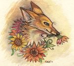  2017 ambiguous_gender canine feral flower fox green_eyes mammal plant solo traditional_media_(artwork) watercolor_(artwork) zenirix 
