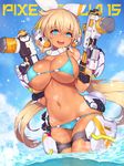  2d :d aqua_bikini aqua_eyes bangs bikini black_gloves blonde_hair blue_bikini blue_eyes blue_sky blush bow breasts cameltoe cleavage commentary_request cowboy_shot curvy dark_skin day dual_wielding eyebrows_visible_through_hair facial_mark gloves gun hair_between_eyes hair_bow hair_ribbon hands_up headgear heart holding holding_weapon holster large_breasts light_brown_hair long_hair looking_at_viewer low_twintails mecha_musume navel ocean open_mouth original outdoors partial_commentary ribbon skindentation sky smile solo swimsuit tan teeth thigh_holster thigh_strap twintails underboob undersized_clothes very_long_hair wading water_gun weapon wet white_bow 