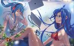  artist_name bili_girl_22 bili_girl_33 bilibili_douga black_legwear blue_eyes blue_hair blush breasts bubble closed_eyes closed_mouth computer dated eyebrows_visible_through_hair facing_another headphones highres lancercomet laptop medium_breasts multiple_girls parted_lips tablet thighhighs 