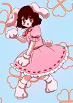  :d animal_ears blush brown_hair bunny_ears bunny_paws bunny_tail carrot_necklace clover dress four-leaf_clover frilled_dress frilled_sleeves frills fukufukupine highres inaba_tewi open_mouth puffy_short_sleeves puffy_sleeves red_eyes short_hair short_sleeves smile solo tail touhou 
