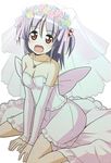  1girl bare_shoulders breasts bridal_veil bride cleavage collarbone flower hair_ornament hayate_no_gotoku! medium_breasts necklace open_mouth purple_hair red_eyes segawa_izumi short_hair short_twintails smile solo twintails veil wedding_dress 
