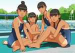  ass blush breasts competition_school_swimsuit hair_bobbles hair_ornament lane_line long_hair looking_at_viewer md5_mismatch mole mole_under_mouth multiple_girls one-piece_swimsuit ponytail pool poolside school_swimsuit shinchou_ni_kansuru_kousatsu sitting small_breasts smile swimsuit tan tanline twintails wariza 