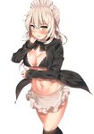  apron artoria_pendragon_(all) artoria_pendragon_(swimsuit_rider_alter) bangs bikini bikini_under_clothes black_bikini black_bow black_legwear black_neckwear blonde_hair blush bow bowtie breasts brown_eyes choker cleavage commentary_request cowboy_shot fate/grand_order fate_(series) frilled_bikini_top frills highres hood hoodie kawai long_sleeves looking_at_viewer low_ponytail maid_headdress medium_breasts navel open_clothes open_hoodie parted_lips platinum_blonde_hair ponytail short_hair simple_background smile solo standing stomach swimsuit thighhighs thighs waist_apron white_background 