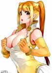  :o animal_ears armpit_peek armpits bare_shoulders blonde_hair blush bracelet breasts brown_eyes circlet cleavage collarbone commentary_request dress elbow_gloves from_side gloves golden_snub-nosed_monkey_(kemono_friends) happa_(cloverppd) jewelry kemono_friends large_breasts long_hair looking_at_viewer looking_to_the_side monkey_ears multicolored_hair orange_hair sidelocks solo sweat two-tone_hair upper_body yellow_gloves 