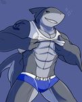  2017 abs anthro biceps blue_eyes clothed clothing digital_media_(artwork) fish male mammal marine muscular muscular_male pecs piercing qundium shark simple_background smile solo tatto teeth text underwear 