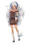  bare_shoulders belt bow brown_bow brown_dress brown_eyes dark_skin dress earrings flower full_body gen_5_pokemon hairband jewelry kasuka108 kneehighs long_hair necklace personification pin pincushion pointy_ears pokemon smile solo standing very_long_hair whimsicott white_hair white_legwear 