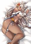  areola_slip areolae ass bare_legs bare_shoulders barefoot bikini bikini_pull blush breasts brown_eyes commentary_request dark_skin flower granblue_fantasy hair_flower hair_ornament hair_over_one_eye jpeg_artifacts kaorihero long_hair looking_at_viewer lying medium_breasts off_shoulder on_side open_clothes open_shirt parted_lips shirt silver_hair solo swimsuit underboob wavy_hair white_bikini zooey_(granblue_fantasy) 