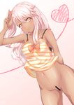  absurdres armpits arms_behind_back ass_visible_through_thighs bangs bar_censor bare_arms bare_shoulders black_bra blush bottomless bow bowtie bra bra_strap breasts camisole censored chloe_von_einzbern closed_mouth collarbone cowboy_shot dark_skin eyebrows_visible_through_hair eyelashes fate/kaleid_liner_prisma_illya fate_(series) gradient gradient_background gradient_eyes hair_between_eyes hand_to_head hand_up heart heart_of_string highres legs_apart lips long_hair looking_at_viewer multicolored multicolored_eyes nanamira_bi navel no_panties one_side_up orange_bow orange_eyes orange_neckwear pink_hair side_ponytail small_breasts smile solo spaghetti_strap stomach striped striped_camisole underwear v w yellow_eyes 