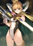  ahoge artoria_pendragon_(all) artoria_pendragon_(swimsuit_archer) banned_artist blonde_hair braid cape commentary_request covered_navel crown excalibur expressionless eyebrows_visible_through_hair fate/grand_order fate_(series) french_braid glowing glowing_sword glowing_weapon green_eyes gun highleg highleg_swimsuit holding holding_gun holding_sword holding_weapon paseri ribbon saber swimsuit sword thigh_ribbon water_gun weapon 