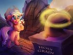  2017 applejack_(mlp) bag cowboy_hat cutie_mark earth_pony english_text equine eyelashes female feral freckles friendship_is_magic glowing green_eyes happy hat horse mammal my_little_pony outside pony rock solo standing text thediscorded 