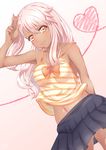  absurdres armpits arms_behind_back ass_visible_through_thighs bangs bare_arms bare_shoulders belly_peek black_skirt blush bow bowtie breasts camisole chloe_von_einzbern closed_mouth collarbone cowboy_shot dark_skin eyelashes fate/kaleid_liner_prisma_illya fate_(series) gradient gradient_background gradient_eyes hair_between_eyes hand_to_head hand_up heart heart_of_string highres legs_apart lips long_hair looking_at_viewer midriff miniskirt multicolored multicolored_eyes nanamira_bi navel no_bra one_side_up orange_bow orange_eyes orange_neckwear pink_hair pleated_skirt side_ponytail skirt small_breasts smile solo stomach striped striped_camisole v w yellow_eyes 