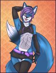  2017 anthro armwear belt black_nose blue_fur bulge canine clothed clothing crossdressing facial_piercing fingers fishnet fox front_view fur girly hair legwear looking_at_viewer male mammal midriff multicolored_tail navel nose_piercing nose_ring piercing purple_hair raised_tail scarlet-frost seductive skimpy skirt smile solo surface_piercing texy thigh_highs white_fur winking_eye yellow_eyes 
