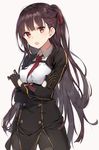  :o bangs beige_background black_dress black_gloves blush bow braid breasts brown_hair buttons cowboy_shot crossed_arms dress eyebrows_visible_through_hair girls_frontline gloves hair_bow hair_ribbon half_gloves highres long_hair long_sleeves looking_at_viewer md5_mismatch medium_breasts military military_uniform necktie one_side_up open_mouth pantyhose pelvic_curtain purple_hair red_eyes red_ribbon revision ribbon rikoma short_dress simple_background solo thighband_pantyhose tsundere tsurime uniform v-shaped_eyebrows wa2000_(girls_frontline) 