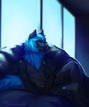  2017 anthro black_fur blue_hair blue_nose canine detailed_background eyes_closed fur hair lukiri male mammal smile solo 