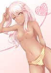  absurdres areolae armpits arms_behind_back ass_visible_through_thighs bangs blush bow bow_panties breasts cameltoe camisole chloe_von_einzbern closed_mouth collarbone cowboy_shot dark_skin eyelashes fate/kaleid_liner_prisma_illya fate_(series) gradient gradient_background gradient_eyes hair_between_eyes hand_to_head hand_up heart heart_of_string highres legs_apart lips long_hair looking_at_viewer multicolored multicolored_eyes nanamira_bi navel nipples one_side_up orange_bow orange_eyes panties pink_hair side_ponytail small_breasts smile solo stomach striped striped_camisole striped_panties topless underwear underwear_only v w yellow_eyes 