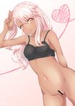  absurdres armpits arms_behind_back ass_visible_through_thighs bangs bar_censor bare_arms bare_shoulders black_bra blush bottomless bra bra_strap breasts censored chloe_von_einzbern closed_mouth collarbone covered_nipples cowboy_shot dark_skin eyebrows_visible_through_hair eyelashes fate/kaleid_liner_prisma_illya fate_(series) gradient gradient_background gradient_eyes hair_between_eyes hand_to_head hand_up heart heart_of_string highres legs_apart lips long_hair looking_at_viewer multicolored multicolored_eyes nanamira_bi navel no_panties one_side_up orange_eyes pink_hair pussy side_ponytail small_breasts smile solo stomach underwear v w yellow_eyes 