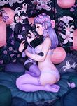  &lt;3 anthro arthropod bear black_hair blue_eyes blue_hair blush breast_size_difference breasts butterfly clothing crookedtrees eye_contact eyelashes female flat_chested flower flower_in_hair hair human insect kenny_(kenashcorp) legwear lingerie mammal panda pillow plant size_difference smile stockings 