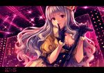  beyond_the_nobles breasts choker flower gloves hair_flower hair_ornament hairband idolmaster idolmaster_(classic) ima_(lm_ew) large_breasts laser long_hair looking_at_viewer microphone purple_eyes shijou_takane silver_hair smile solo stage 