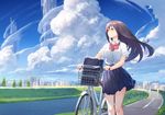  bicycle bicycle_basket black_eyes black_hair bow city cloud day glasses ground_vehicle izumi_sai long_hair original school_uniform sky solo standing walking_bike wind 