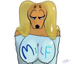  big_breasts blonde_hair blue_shirt blush breasts canine dog dogmom eyebrows female hair long_ears mammal mature_female nipples ota_(artist) solo thick_eyebrows 