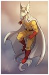  absurd_res belt cape clothed clothing cosplay fish fully_clothed gradient_background hi_res looking_at_viewer male marine muscular muscular_male neodokuro one_punch_man saitama shark signature simple_background smile solo 