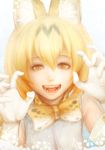  animal_ears bow bowtie claw_pose elbow_gloves eyebrows_visible_through_hair fangs gloves kemono_friends khn_(kihana) looking_at_viewer open_mouth orange_bow orange_eyes orange_hair orange_neckwear serval_(kemono_friends) serval_ears smile solo teeth upper_body white_gloves 