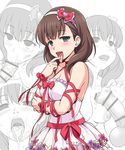  :&gt;= arm_ribbon bar_censor bare_shoulders blue_eyes blush breasts brown_hair censored choker collarbone cum cum_in_mouth dress eyebrows_visible_through_hair facial fellatio finger_to_tongue flower foreskin foreskin_pull frilled_dress frills hairband head_tilt heart hetero idolmaster idolmaster_cinderella_girls looking_at_viewer looking_up medium_breasts multiple_views nipples open_mouth oral partially_colored penis precum red_ribbon ribbon sakuma_mayu sleeveless sleeveless_dress strapless strapless_dress sweat testicles tongue tongue_out topless white_background youkan 