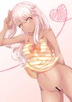  absurdres armpits arms_behind_back ass_visible_through_thighs bangs bar_censor bare_arms bare_shoulders blush bottomless bow bowtie breasts camisole censored chloe_von_einzbern closed_mouth collarbone cowboy_shot dark_skin eyebrows_visible_through_hair eyelashes fate/kaleid_liner_prisma_illya fate_(series) gradient gradient_background gradient_eyes hair_between_eyes hand_to_head hand_up heart heart_of_string highres legs_apart lips long_hair looking_at_viewer multicolored multicolored_eyes nanamira_bi navel no_panties one_side_up orange_bow orange_eyes orange_neckwear pink_hair side_ponytail small_breasts smile solo spaghetti_strap stomach striped striped_camisole underwear v w yellow_eyes 