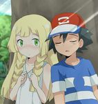  1boy 1girl baseball_cap blonde_hair blush braid green_eyes hat kuriyama lillie_(pokemon) long_hair pokemon pokemon_(anime) pokemon_sm_(anime) satoshi_(pokemon) shirt sleeping striped striped_shirt tree twin_braids 