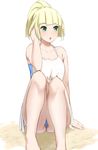  :o bangs bare_arms bare_legs bare_shoulders bikini bikini_under_clothes blonde_hair blue_bikini blue_eyes blush breasts collarbone commentary_request eyebrows_visible_through_hair feet_out_of_frame hand_in_hair highres legs_together lillie_(pokemon) looking_to_the_side medium_breasts open_mouth pokemon pokemon_(game) pokemon_sm ponytail senju_(snz0) simple_background solo strapless swimsuit tubetop white_background 