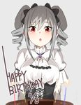  :o bangs birthday_cake blurry_foreground blush breasts cake candle commentary_request corset dated dress drill_hair eyebrows_visible_through_hair fire flame food gem grey_background grey_hair hair_ribbon happy_birthday idolmaster idolmaster_cinderella_girls kanzaki_ranko large_breasts looking_down open_mouth puffy_sleeves red_eyes ribbon senju_(snz0) short_sleeves simple_background solo twin_drills upper_body white_dress 