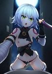  :o arm_belt bandaged_arm bandages bare_shoulders black_gloves breasts dagger facial_scar fate/apocrypha fate_(series) fingerless_gloves full_moon gloves green_eyes hair_between_eyes healther highres jack_the_ripper_(fate/apocrypha) looking_at_viewer moon navel night nipples open_mouth scar short_hair silver_hair small_breasts solo_focus torn_clothes v-shaped_eyebrows weapon 