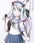  admiral_paru blue_eyes collarbone cosplay eromanga_sensei headband izumi_sagiri kantai_collection light_blue_hair long_hair look-alike namesake pleated_skirt ribbon_hair rigging sagiri_(kantai_collection) sagiri_(kantai_collection)_(cosplay) school_uniform serafuku skirt tablet 