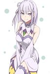  bangs bare_shoulders braid commentary_request cowboy_shot detached_collar detached_sleeves dress emilia_(re:zero) eyebrows_visible_through_hair gem hair_ornament hairclip long_hair looking_at_viewer purple_dress purple_eyes purple_hair re:zero_kara_hajimeru_isekai_seikatsu senju_(snz0) side_bun sitting smile solo thighhighs white_background 