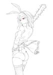  animal_ears ass bunny_ears bunny_girl bunny_tail club commentary_request cowboy_shot earrings fake_animal_ears fake_tail fishnet_legwear fishnets hand_on_hip highres holding holding_weapon jacket jewelry lineart long_sleeves looking_at_viewer looking_back mole mole_under_eye monochrome over_shoulder red_eyes short_hair short_shorts shorts simple_background solo spiked_club spot_color sugi_214 suspender_shorts suspenders tail thighhighs weapon weapon_over_shoulder white_background 