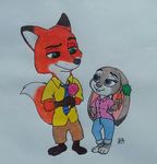  4_fingers big_ears canine carrot clothed clothing disney female food fox fur green_eyes grey_fur half-closed_eyes judy_hopps lagomorph male mammal nick_wilde pillothestarplestian purple_eyes rabbit red_fur size_difference smile vegetable zootopia 