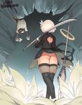  2017 artist_name ass back_cutout black_dress commentary dated dress facing_away feather-trimmed_sleeves flower from_behind hair_flower hair_ornament hairband highres leotard leotard_under_clothes making_of nier_(series) nier_automata norasuko over_shoulder panties pantyshot pantyshot_(standing) pod_(nier_automata) polearm robot silver_hair spear standing sword thighhighs underwear weapon weapon_over_shoulder wedgie wind wind_lift yorha_no._2_type_b 